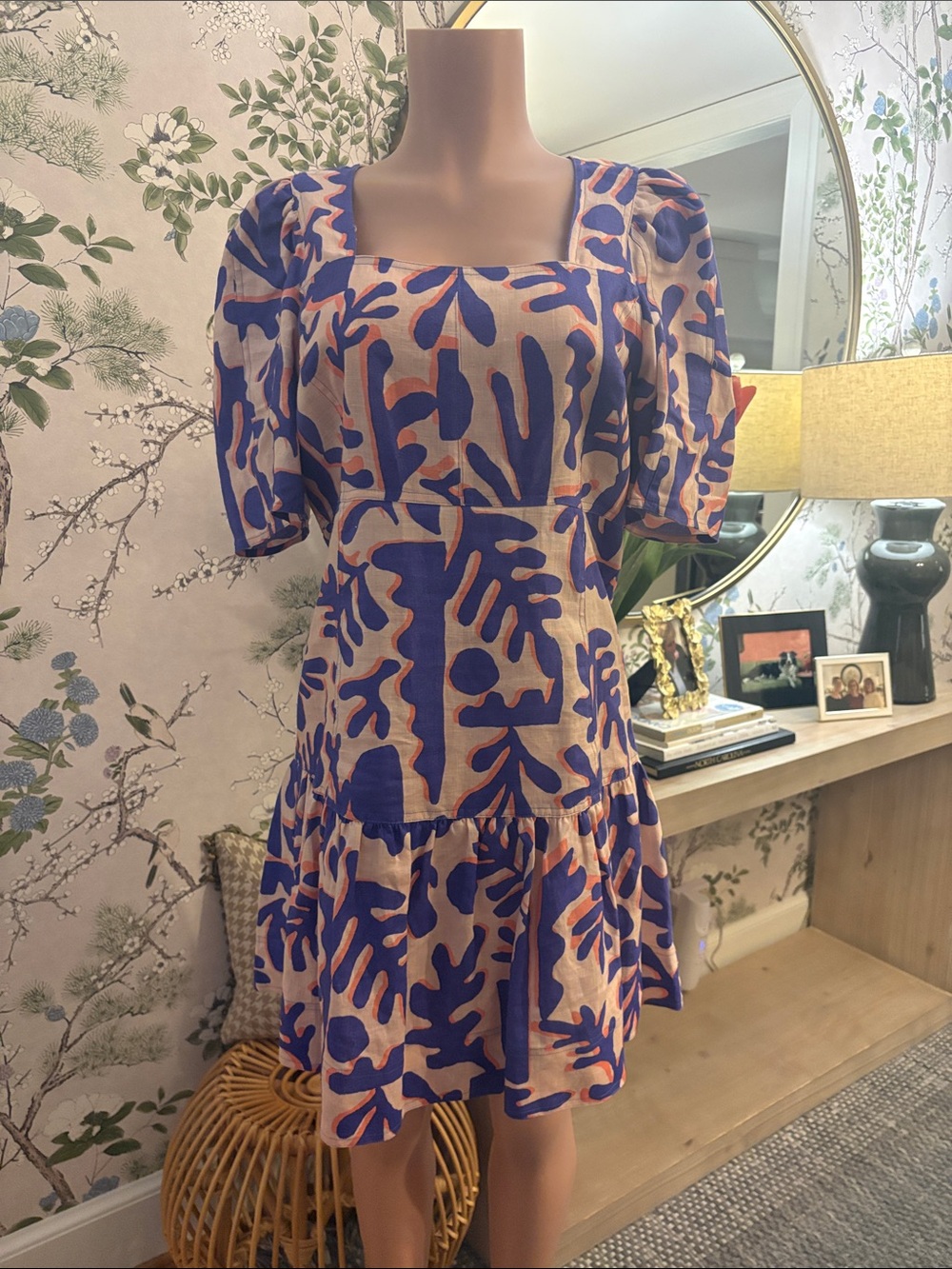 Marie Oliver Blue & Cream Abstract Puff Sleeve Mini Dress